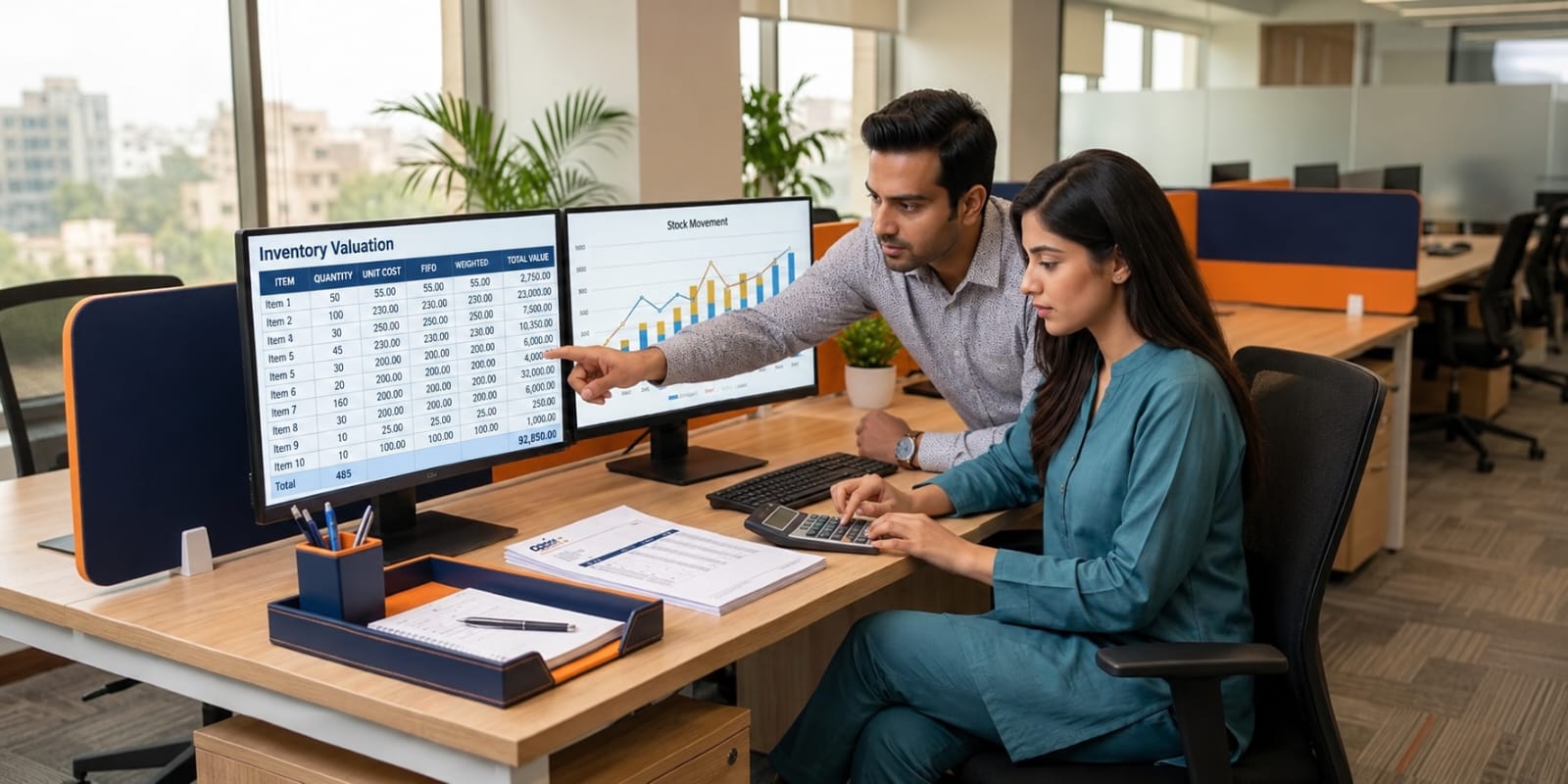 Accountants reviewing inventory valuation and stock movement on a computer